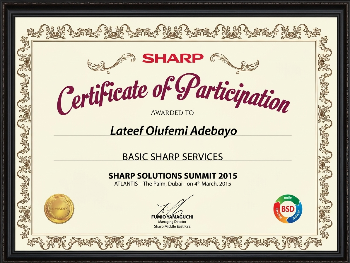 Sharp Solutions Summit 2015 Certificate of Participation awarded to Lateef Olufemi Adebayo